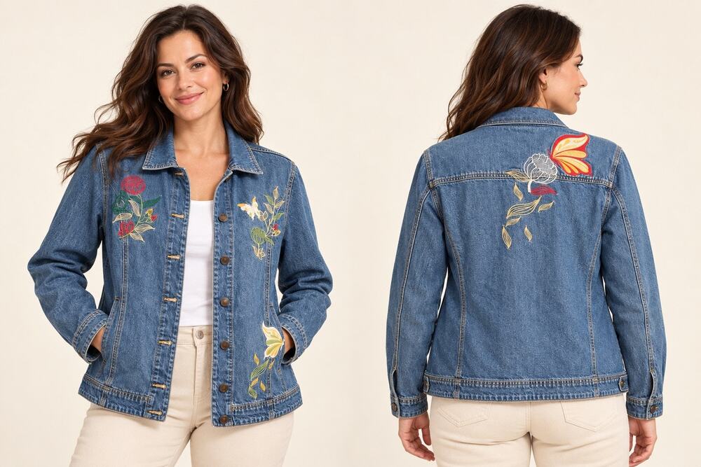 Bedford Fair Embroidered Floral Butterfly Denim Jacket Size 18